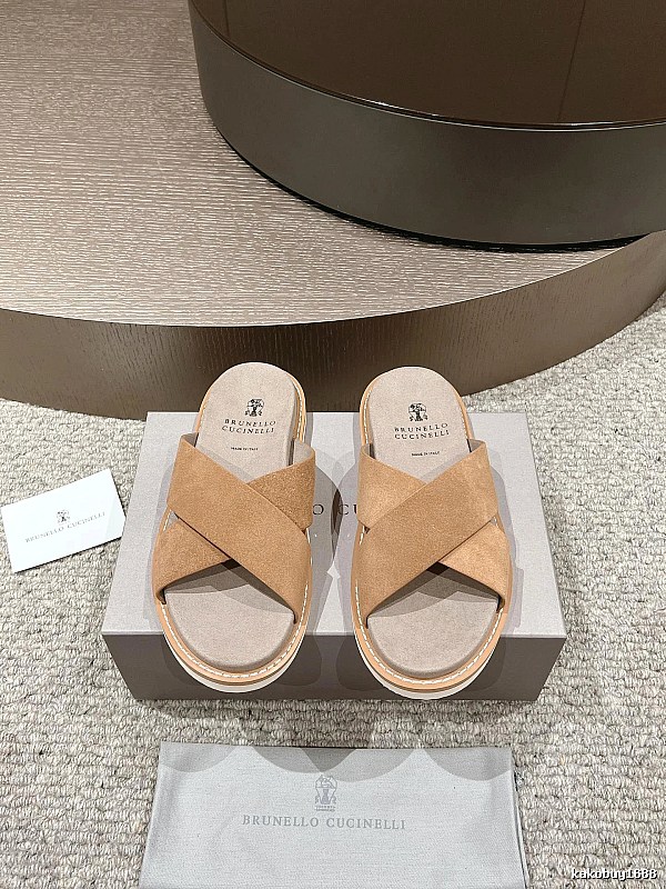 Brunello Cucinelli Casual-style Camel Cross-strap Slide Sandals