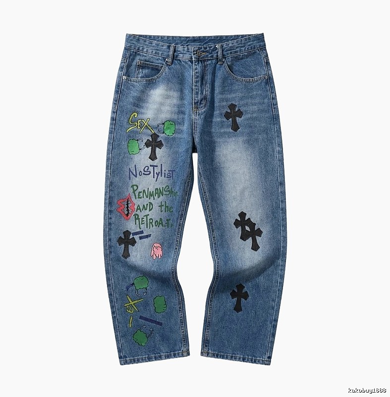 Chrome Hearts graffiti-style blue jeans