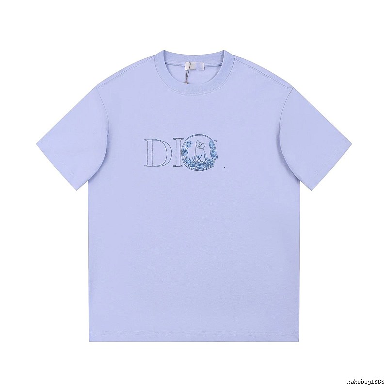 Dior Cat-Embroidered Casual Light Purple Short-sleeve T-Shirt