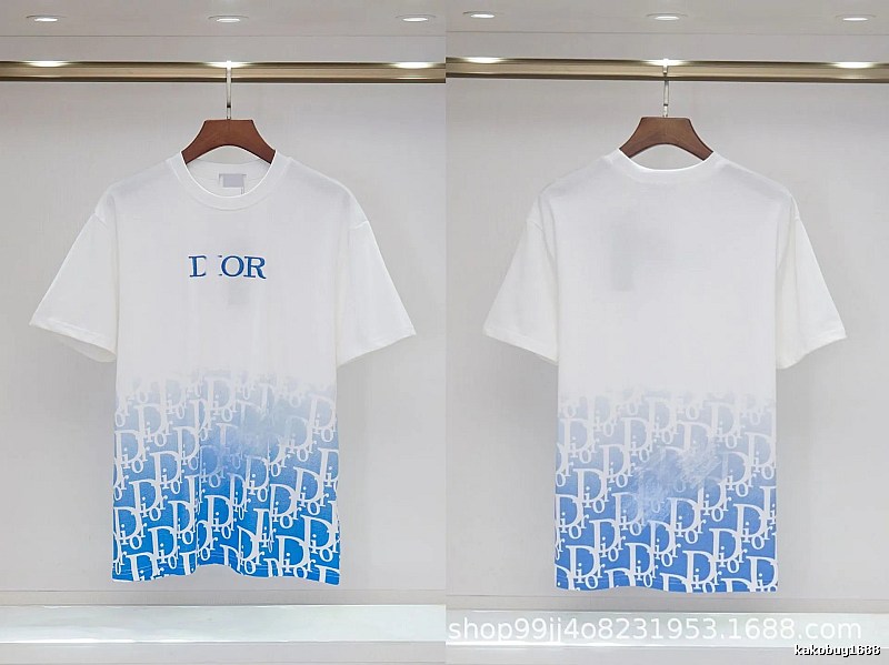 Dior Oblique Gradient Trendy Style Blue and White Short-sleeved T-shirt