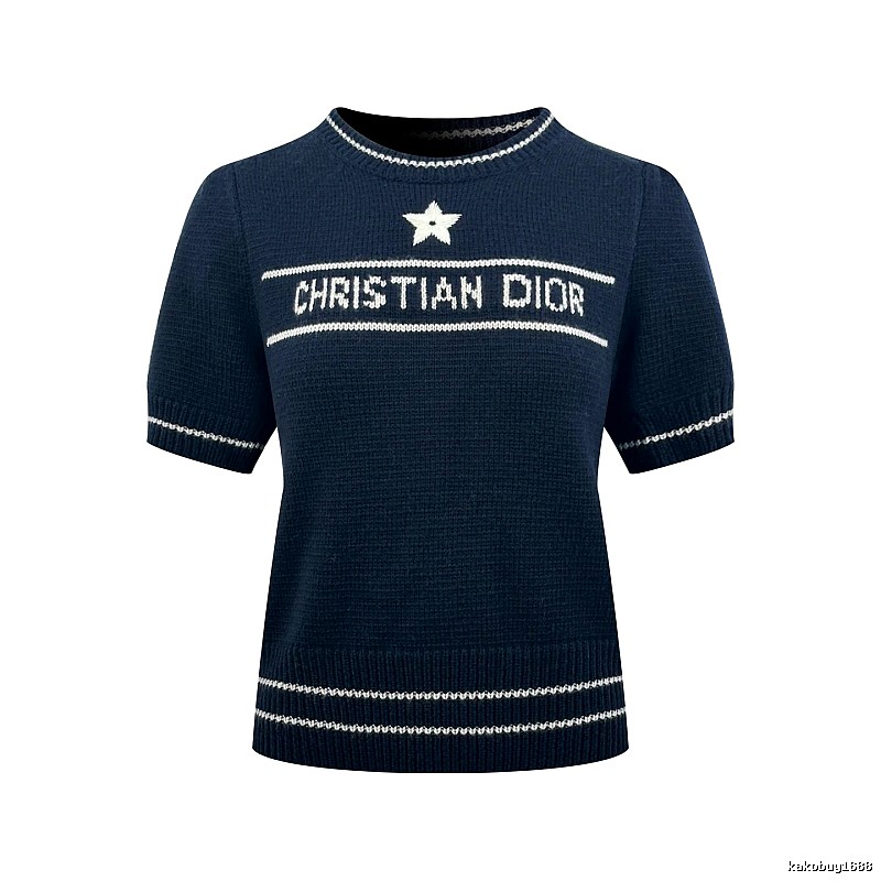 Dior Short Sleeve Knit Sweater with Cream Trim and Star Detail