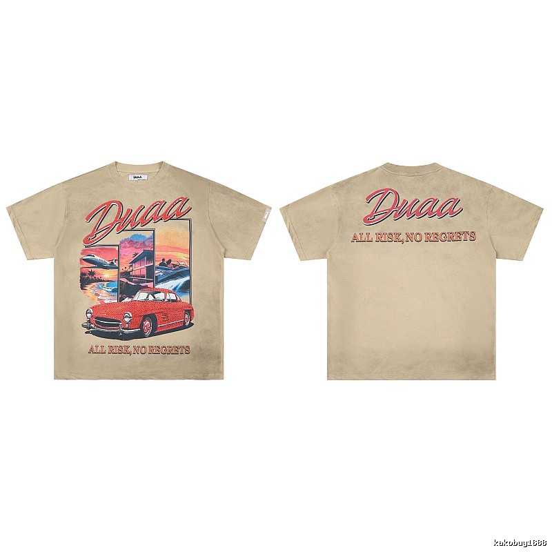 DUAA American Retro Sports Car Print Khaki T-shirt