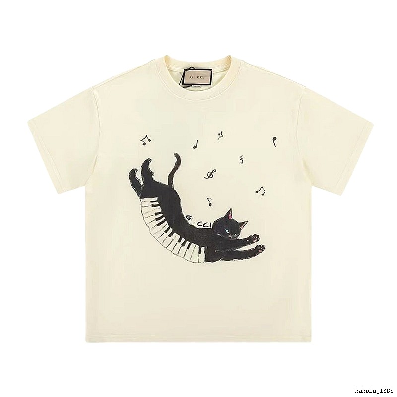 Gucci Artistic Style Cat Print Off-white Short-sleeve T-shirt