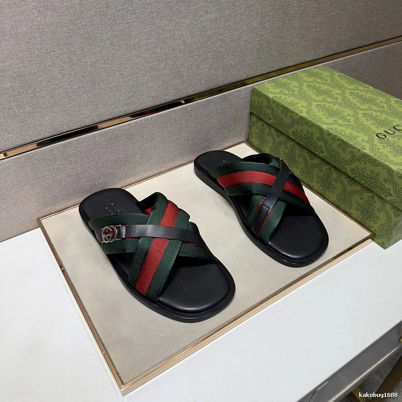 Gucci Interlocking G Webbing Casual Red and Green Slide Sandals