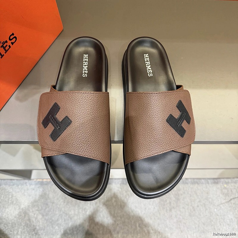 Hermès H-Logo Minimalist Brown Slide Sandals
