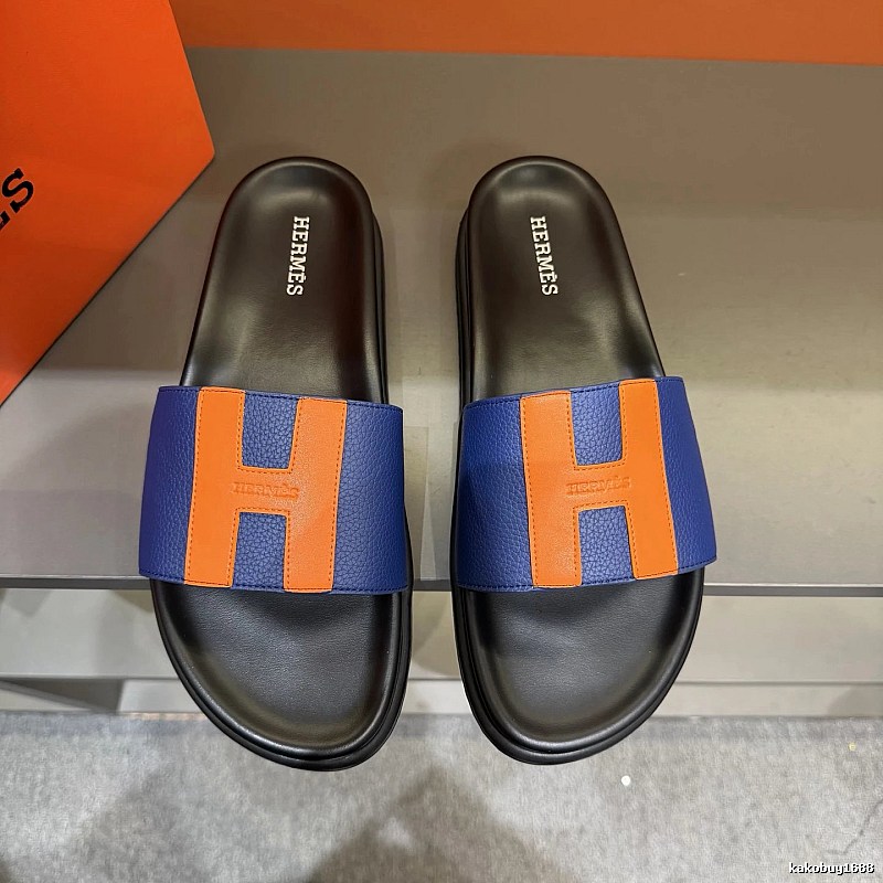 Hermès H Series Minimalist Style Blue and Orange Colorblock Slide Sandals