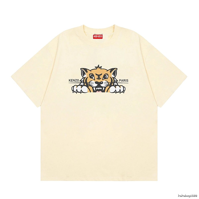 KENZO Tiger Head Print Streetwear Style Beige Short Sleeve T-Shirt