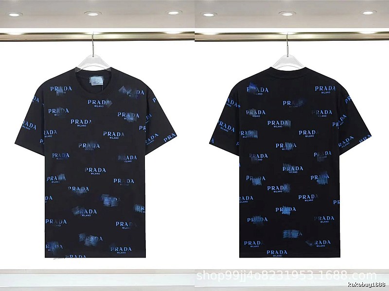 Prada All-over Printed Streetwear Style Black Short-sleeve T-shirt