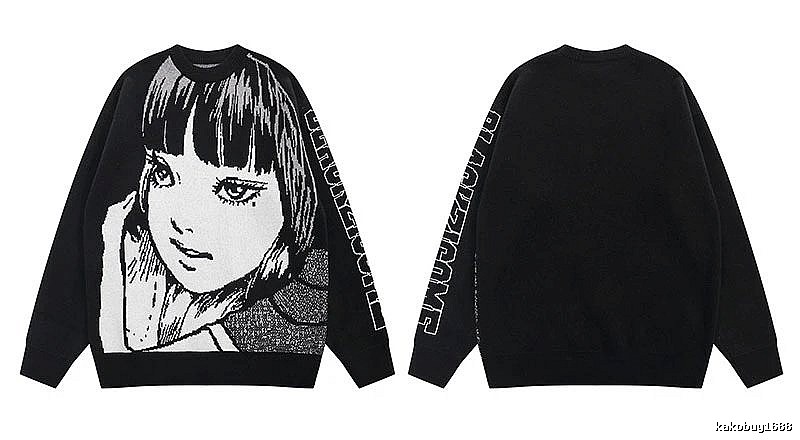 Relaxed Anime graphic sweater Black Knit Top with Versatile Design