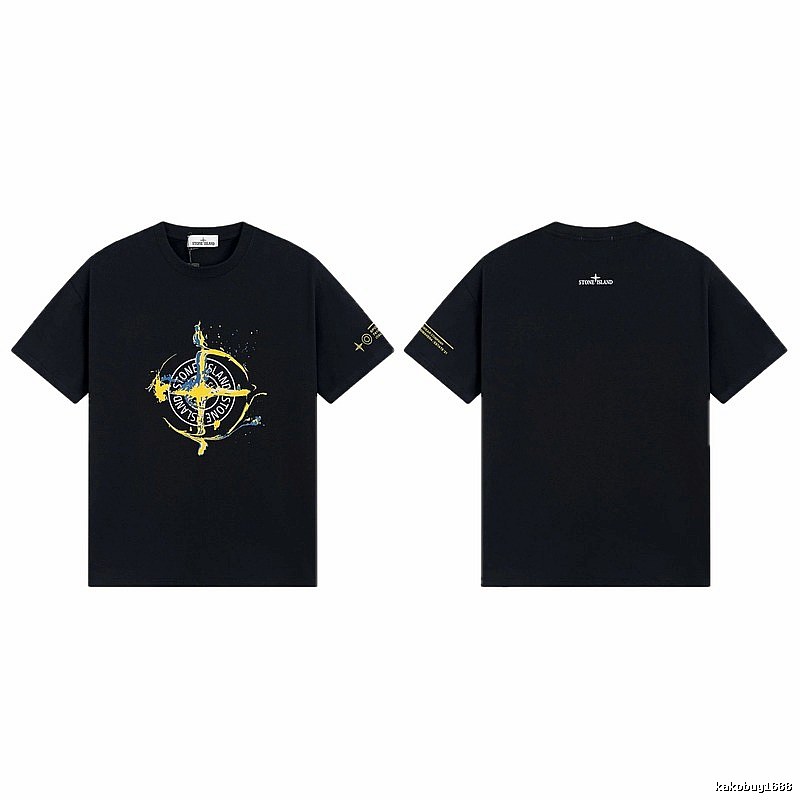 Stone Island Ink-splattered Street Style Black Short-sleeve T-shirt