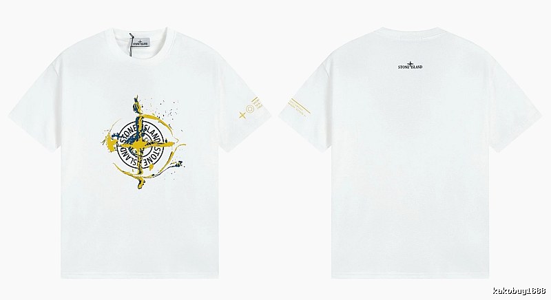 Stone Island Ink-splattered Trendy Style White T-shirt