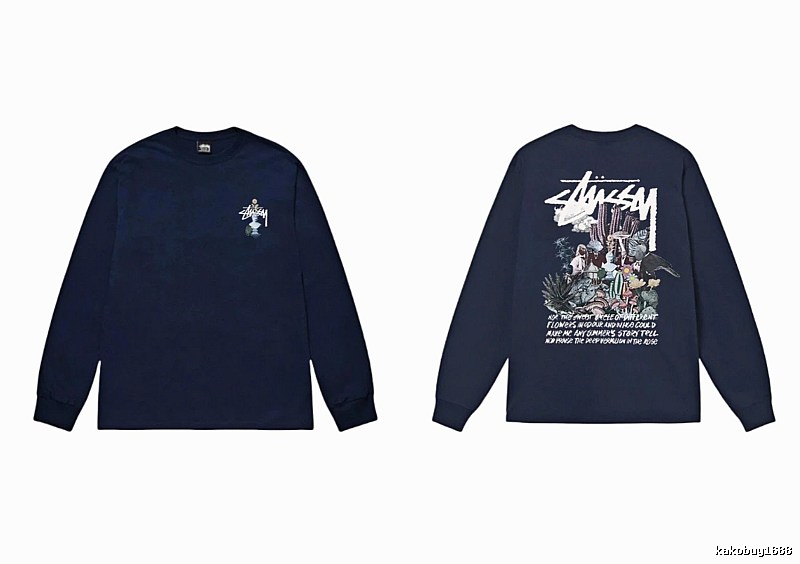 Stussy printed trendy style navy long-sleeve