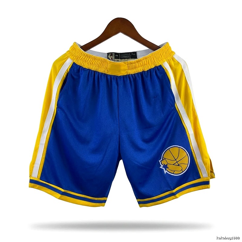 The retro blue and yellow shorts of the Golden State Warriors for Curry.
